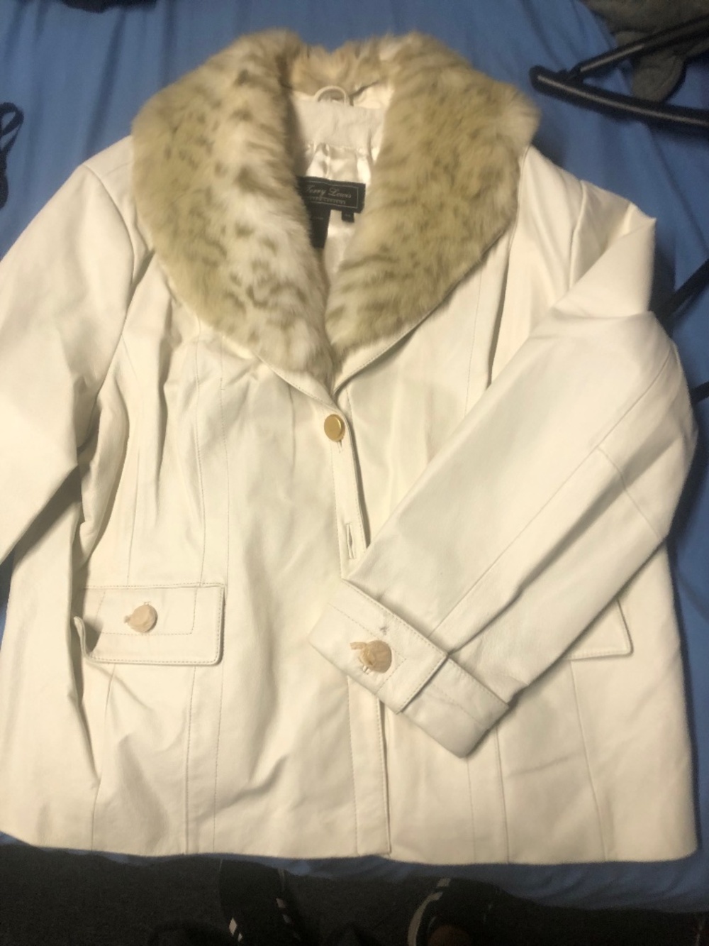 Terry Lewis Classic Luxuries White Leather Jacket Faux Fur Collar Vintage Large